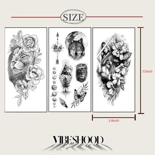 Temporary Tattoos Lion and Wolf - 3 Sheets Waterproof
