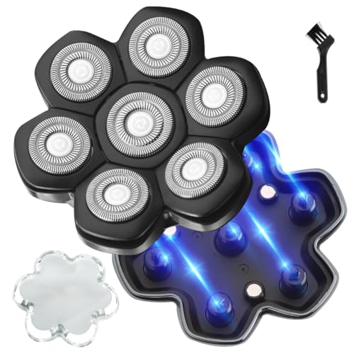 Universal Magnetic Detachable 7D Replacement Heads For Electric Head Razor Stainless Steel Shaver Blades for Bald Men's Smooth Shave (7D Black)