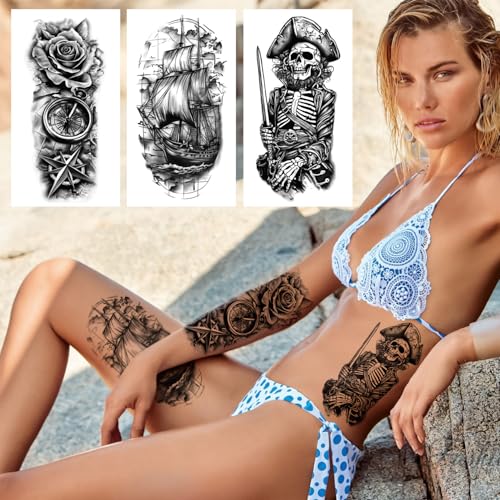 77 Pirate Temporary Tattoos - Nautical Sleeve Fake Tattoos