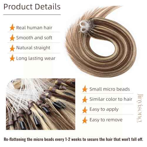 Microlink Hair Extensions Brown to Blonde Human Extensions Hair With Beads 24inch Long Hair Micro Loop Human Hair Extensions 1g/Strand,50g,Highlight Color #4/613