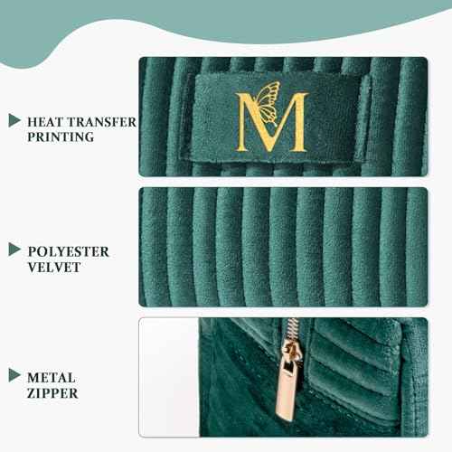 COSHAYSOO Personalized Fall Gifts for Women 30th 40th Birthday Unique New Mom Mother Wife Girlfriend Gift Ideas, Initial Quilted Makeup Bags Travel Green Cosmetic Velvet Skin Care Pouch Letter M