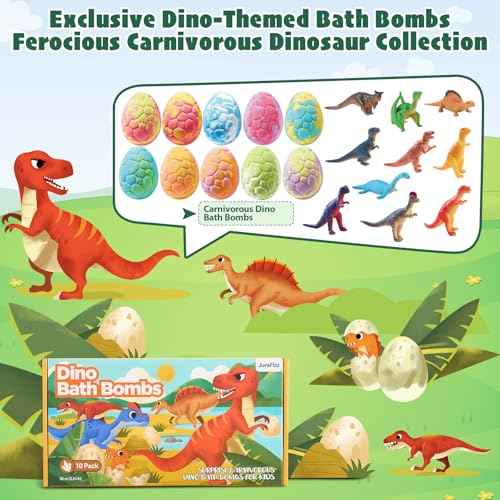 Dinosaur Bath Bombs for Kids with Surprise Inside, 10 Pack Natural Dino Eggs with Exclusive Carnivorous Dinosaur Toys, Fizzing Fun Gifts for Boys Girls, Dinosaur Toys for Kids Ages 3-9