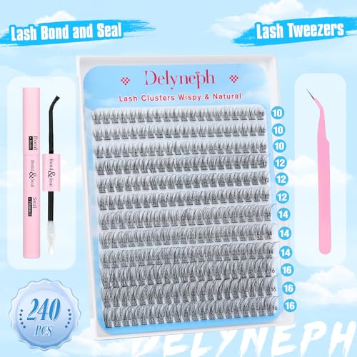Natural Lash Extension Kit 240 Pcs Lash Clusters 10-16 MM Wispy Cluster Eyelash Extensions C Curl Individual Lashes Extensions Kit with Lash Bond and Seal and Eyelash Clusters Tweezers by Delyneph