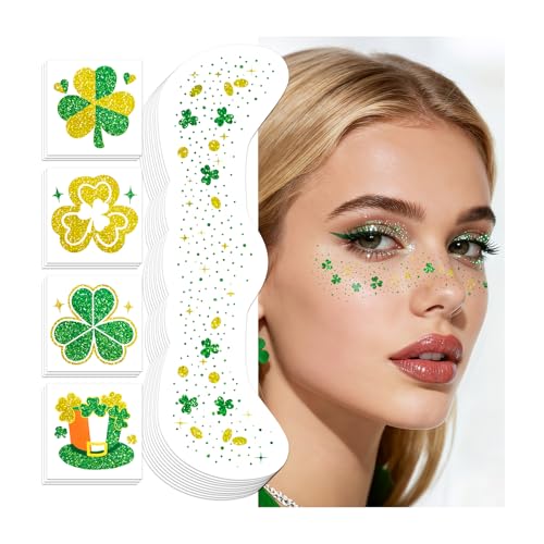 St Patricks Day Temporary Tattoos, 40 Pcs Glitter Shamrock Face Stickers