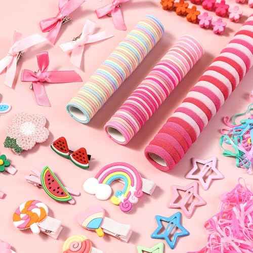 873 PCS Girls Hair Accessories-Pink Hair Bows, Clips, Elastics, Ponytail Holders, Rubber Bands, Hair Wax Stick & Cute Box, Massive Collection Hair Ties Clips for Girls, Christmas Gifts(Pink)
