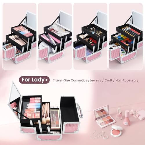 Shiny Pink Makeup Train Case with Mirror & Lock | 9x6x6