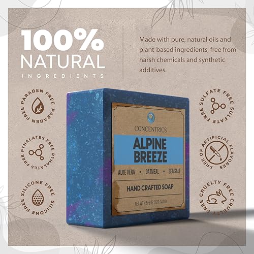 Alpine Breeze All Natural Body Soap for Women & Men with Coconut & Organic Shea Butter - Vegan, Handmade & Non Toxic Bar Soap for Face & Body Made in the USA - Cold Pressed Hand Made Soap Bar