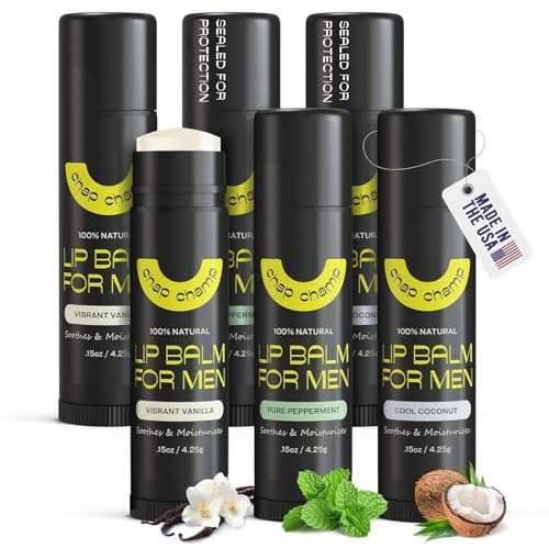 Lip Balm for Men - Mens Lip Balm Vitamin E and Beeswax - Chapstick for Men - Peppermint, Coconut & Vanilla - Made in the USA (All Natural, 6 Pack)