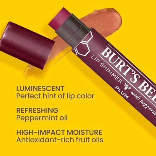 Burt's Bees Shimmer Lip Tint Set, Tinted Lip Balm Stick, Moisturizing for All Day Hydration with Natural Origin Glowy Pigmented Finish & Buildable Color, Plum (4-Pack)