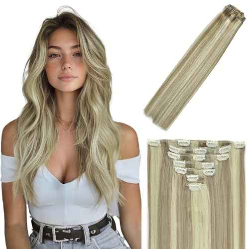 Clip in Hair Extensions Real Human Hair 120g 7pcs Human Hair Clip in Extensions 14 Inch Ash Blonde to Lightest Blonde #18/613 Thickened Straight Real Hair Extensions Clip in Human Hair