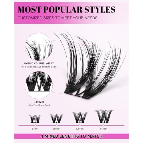 Flora Lash Clusters Kit Short 8-14mm Wispy Eyelashes Cluster Extension Kit D Curl Individual DIY False Lash Extension Spiky Cat Eye Lashes Fake Eyelashes Clusters with 0.03mm Ultra-Thin Wide Band