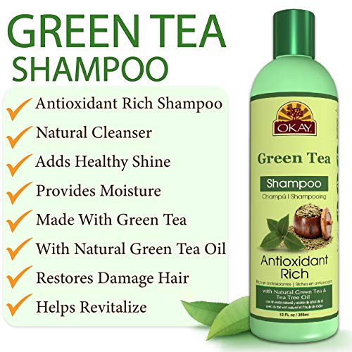 OKAY | Green Tea Nourishing Antioxidant Rich Shampoo | For All Hair Types & Textures | Revitalize - Rejuvenate - Restore Moisture | With Tea Tree Oil | Free of Parabens, Silicones, Sulfates | 12 oz