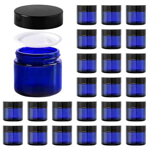 2oz Jars with Lids, Hoa Kinh 24 Pack Blue Glass Jars with Lids Empty Cosmetic Containers Round Airtight Glass Jar with Inner Liners and black Lid for Storing Lotions, Powders, and Ointments