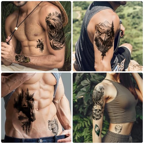 77 Sheets Temporary Tattoos, 17 Sheets Half Arm Wolf Lion Tiger Bear Leopard Eagle Fake Tattoos for Adults Shoulder Neck, 60 Sheets Tiny Animal Temporary Tattoos Realistic for Men Women Boys & Girls