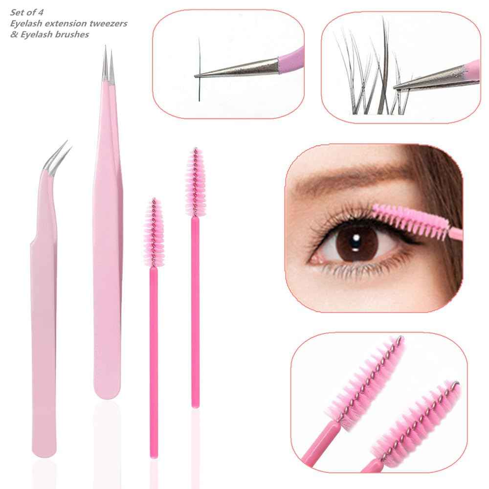 KLDKUST Stainless Steel Eyelash Extension Tweezers Straight and Curved Tip Eyelash Tweezers for Eyelash Extension Applications with Eyelash Brush (4PCS)