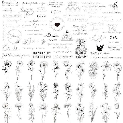 Realistic Temporary Tattoos - 60 Sheets (Quotes & Flowers)