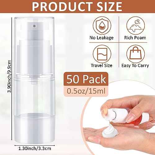 Yaomiao 50 Pcs 0.5 oz 15 ml Airless Pump Bottles Plastic Cosmetic Lotion Dispenser Travel Size Foundation Bottle Refillable Container Vacuum Airless Bottles Empty Clear Pump Jar Small Skin Care Bottle
