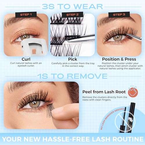 LASHVIEW Self Adhesive Eyelashes, D Curl Press On Lash Clusters Kit Pre Glued Eyelash Clusters with Applicator,No Glue No Remover Needed DIY Lash Extension Kit 10-16mm (N06 78Pcs)