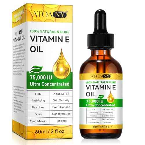 Vitamin E Oil 75,000 IU 2 Fl Oz - 100% Pure Vitamin E Oil for Skin, Face, Hair, Body - Natural Antioxidant for Dryness, Wrinkles, Scars & Stretch Marks, Moisturizing and Firming Skin