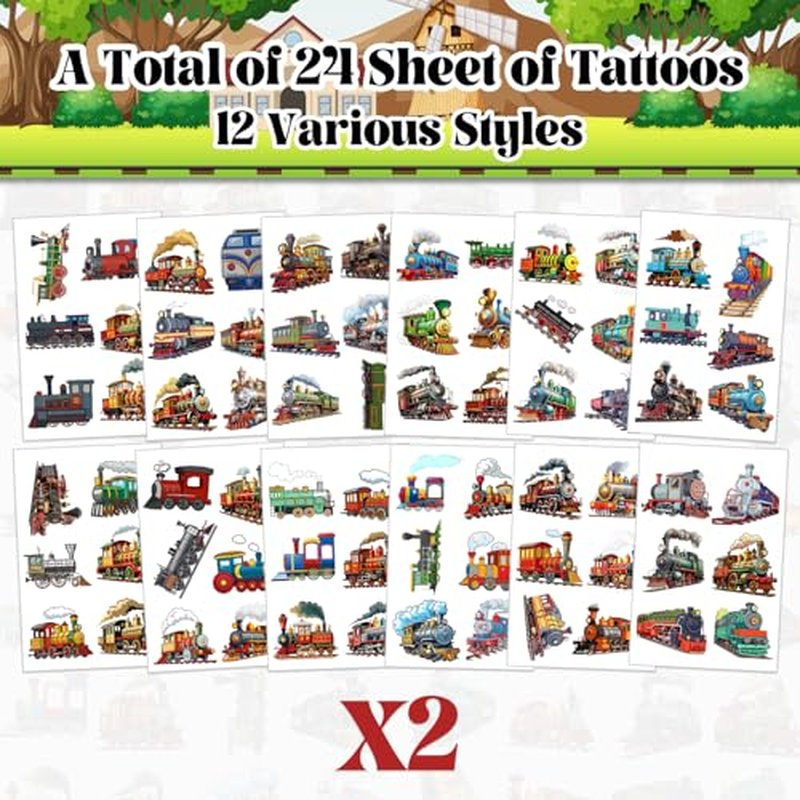 144 PCS Vintage Retro Train Temporary Tattoos Stickers, Vintage Retro Train Party Favors Supplies Train Transportation Birthday Party Decorations for Classroom Rewards, 24 Sheets