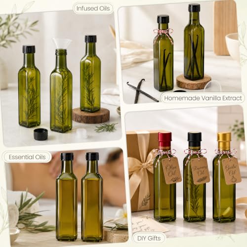 TBWIND Olive Green 8.5oz Glass Olive Oil Bottles – 15 Pack with Airtight Caps & Labels