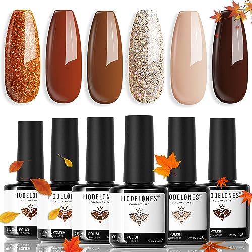 modelones Nail Polish Set, Fall Winter 6 Colors Nail Polish Kit Gold Glitter Brown Quick Dry Nail Polish Manicure DIY Nail Art Salon Home Gift For Women