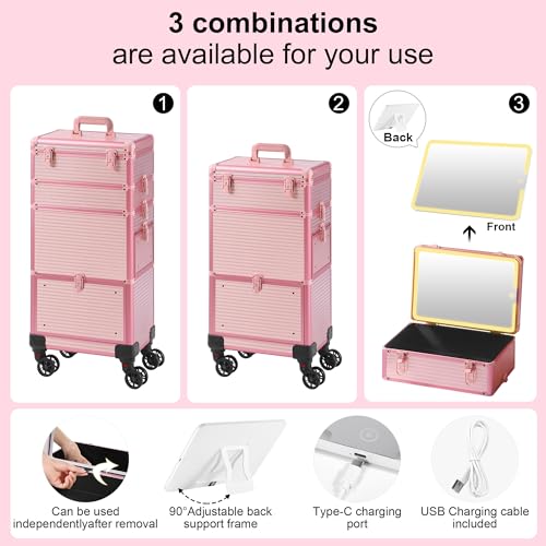 Somduy LED Makeup Train Case with Mirror & Drawers, Pink