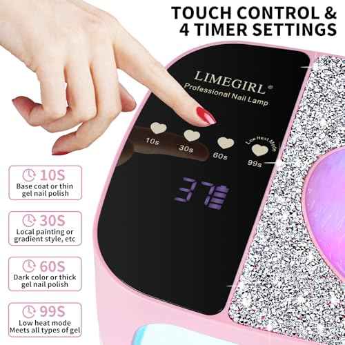 LIMEGIRL UV LED Nail Lamp Kit for Gel Polish Professional Fast Curing Pink Dryer Light Set with 4 Timer Settings Cordless Rechargeable Nail Art Cure Machine for Manicure Pedicure at Home and Salon