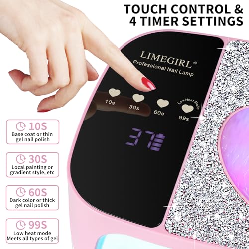 LIMEGIRL Pink UV LED Nail Lamp Kit for Gel Polish, Rechargeable & Fast Curing