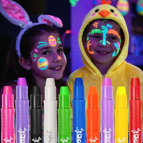 10 Glow in the Dark Face Paint Sticks under UV Light, Kids Easter Basket Stuffers, Washable Neon Body Paint Crayons, Mess-Free Black Light Paint for Glow Party Supplies Makeup Trendy Gifts