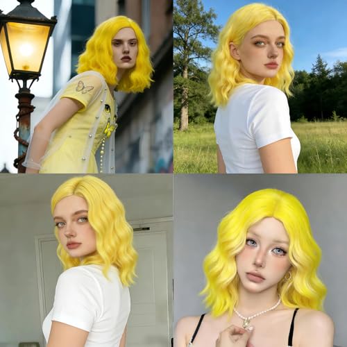 Yellow Short Bob Wig for Women - Heat-Resistant Curly/Casual Anime Cosplay Wig