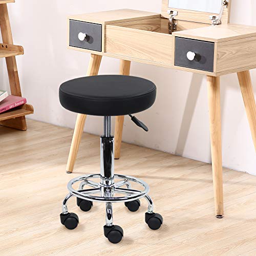KKTONER PU Leather Rolling Stool with Foot Rest - Black