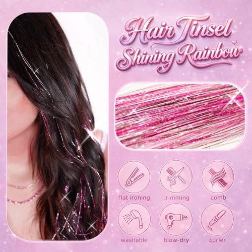 Pink Hair Tinsel Kit, 48 Inch 4000 Strands with Tools