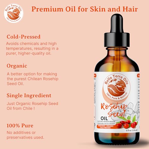 Bella Terra Oils - Organic Rosehip Oil for Face 2oz - Immerse in Vitamin-Rich Organic Rosehip Legacy, Packed with Provitamin A, Non-Greasy Formula for a Supple Glow