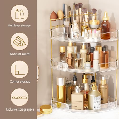 FELIZHOUSE 3-Tier Makeup Organizer for Vanity & Bathroom Countertop ? Acrylic Storage Shelf with Perfume Tray & Makeup Brush Holder, Tool-Free Installation, Design for Bathroom & Dresser - Clear