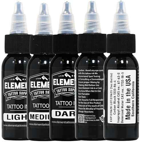 Element Tattoo Supply Greywash Tattoo Ink Set - Professional Tattooing, Light, Medium & Dark Shades, Includes Black & White Solid Inks for Outlining, Shading & Blending, 1 oz Bottle (5 Pack)