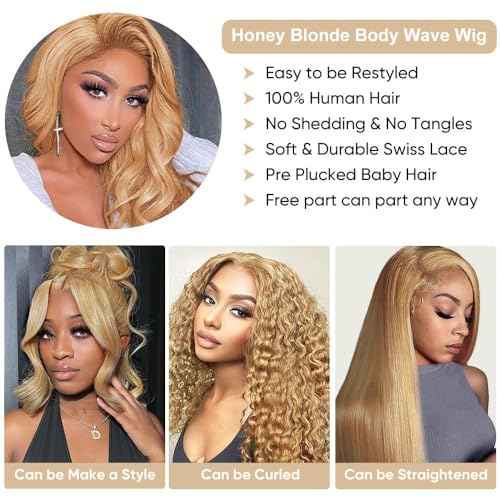 Honey Blonde Lace Front Wigs Human Hair 27# Colored Human Hair Lace Front Wigs 13x6 Body Wave Lace Front Wigs Human Hair 180 Density Glueless Honey Blonde Wig Human Hai r Pre Plucked 22 Inch