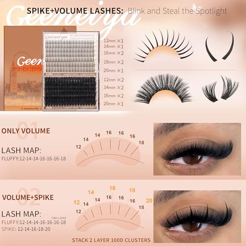Geeneiya 100D Spike & Volume Lash Clusters Kit, 12-20mm