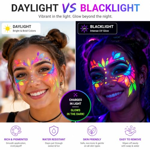 Glow in the Dark Face Paint Crayons - 24 Neon UV Body Makeup Set