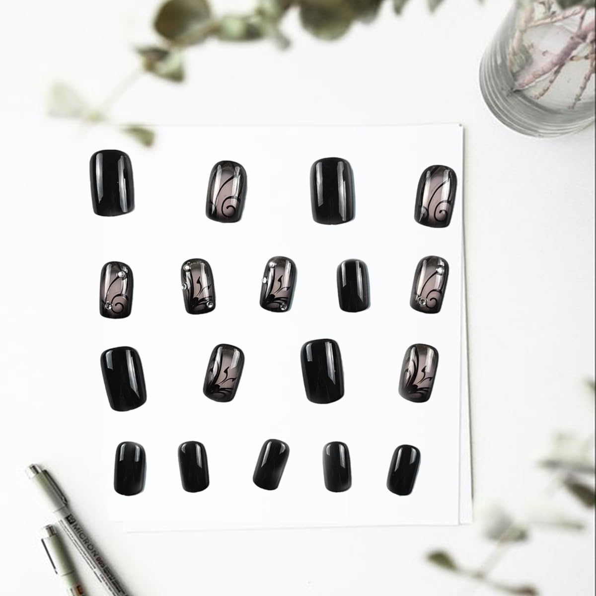 24 Pcs Black Press on Nails Short Square Curve Line Vine Stick on Nails Glossy Fake Nails with Rhinestones Reusable Full Cover False Nails for Women Nail Decoration