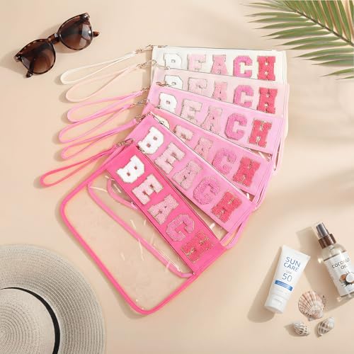 Kacctyen 6 Pcs Beach Bags Chenille Letter Clear Makeup Bag with Zipper Waterproof Cosmetic Toiletry Pouch with Handle Gym Travel Summer Gifts for Women Girls (Pink Mix,Beach)