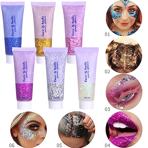 3 Color Face and Body Glitter Gel, Neon Outfit Glow Party for Body Hair Face Nail Glitter Stick Makeup. (01-Blue&02-Gold &06-White Moonbeam)