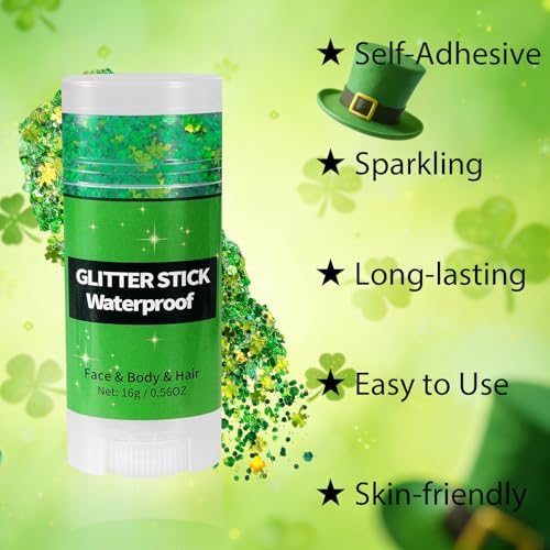 Mysense St Patricks Day Accessories,Shamrock Dangle Earrings,Four Leaf Clover Green Glitter Stick for Face Hair Body,Irish Festival Accessories for Saint Patrick¡¯s Day Outfit Women Girls