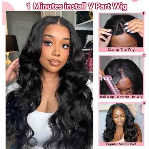 V Part Wig Human Hair Body Wave Upgrade U Part Human Hair Wig Beginner Friendly Clip In V Shape Wigs for Women Natural Black Color 26 Inch
