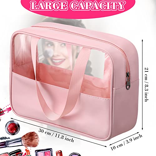 Reginary 6 Pcs Large Clear Makeup Bags, Toiletry Organizer with Zipper and Handle Strap, Portable Cosmetic Bag Waterproof Transparent for Travel Vacation, 11.8 x 8.3 x 3.9 Inch(Pink)