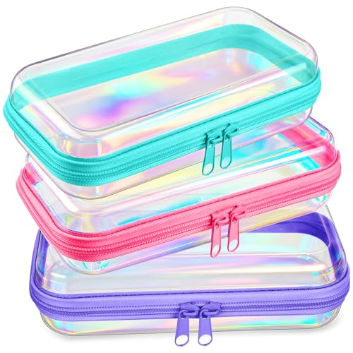Hoolerry 3 Pcs Clear Hard Zipper Case Makeup Bag Plastic Zipper Pouch Christmas Storage Case Portable Travel Organizer Bin for Cosmetics, Building Blocks, Puzzles(Laser,S)