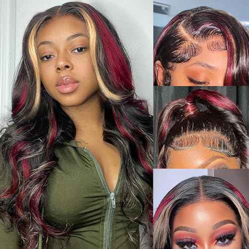 Black Red Blonde Highlight Wig Human Hair Body Wave Lace Front Wigs Human Hair Pre Plucked for Women 180% Density 13X4 HD Lace Frontal Blonde Red Highlights Glueless Colored Human Hair Wig 24 Inch