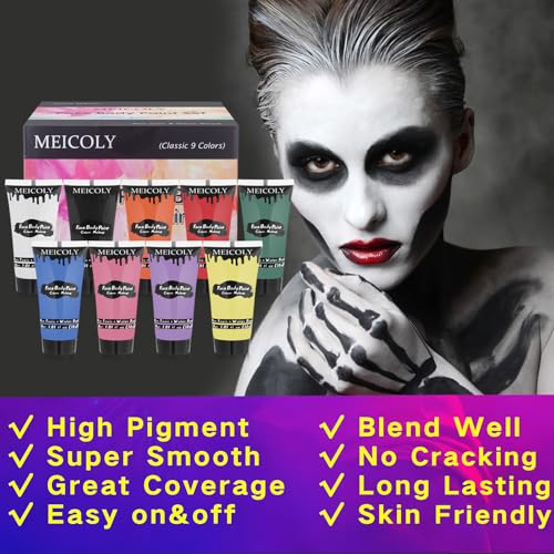 MEICOLY 9 Colors Face Body Paint Set,1.01x9oz/Box,Water Based Washable Face Paint for Adult Kid,Elphaba Green Face Paint,Safe Body Paint for Skin,Red White Blue Face Painting Kit for Halloween Makeup