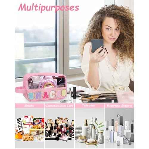 MONSTINA Snack Bag Clear Pouch Makeup Travel Toiletry Bag,Waterproof Clear Embroidery Letters Cute Digital Printing Rainbow Cosmetic Tote Bag for Women Girls,PU Leather Pink