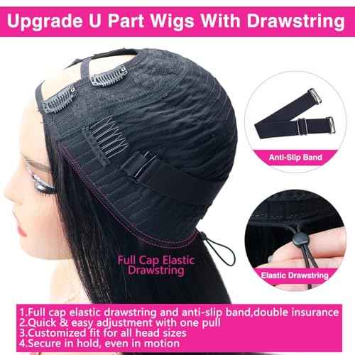 U Part Human Hair Wigs Easicontour U Part Straight Human Hair Wigs With Drawstring,200% Density Put On And Go Glueless Wig Human Hair Full Head Clip In Half Wig(14 Inch,Natural Color)